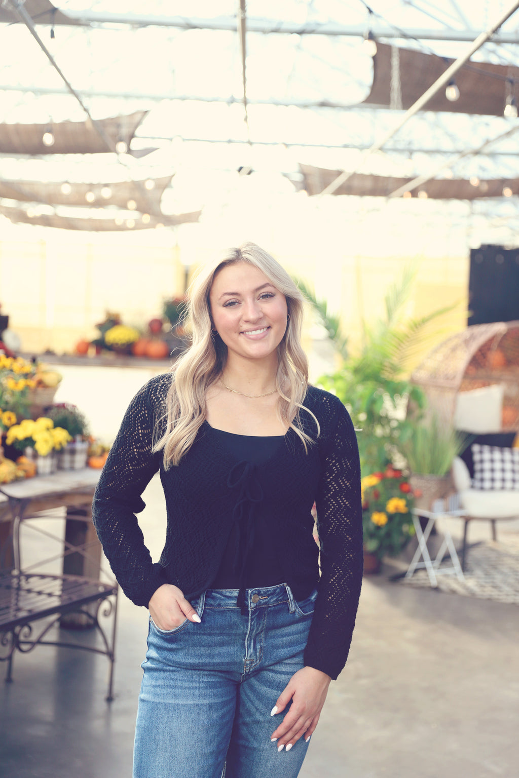 Black Crochet Front Tie Cardigan