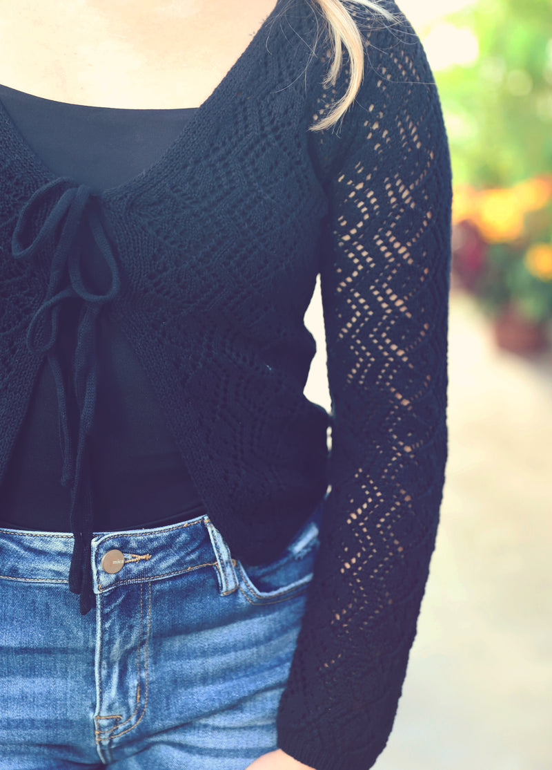 Black Crochet Front Tie Cardigan