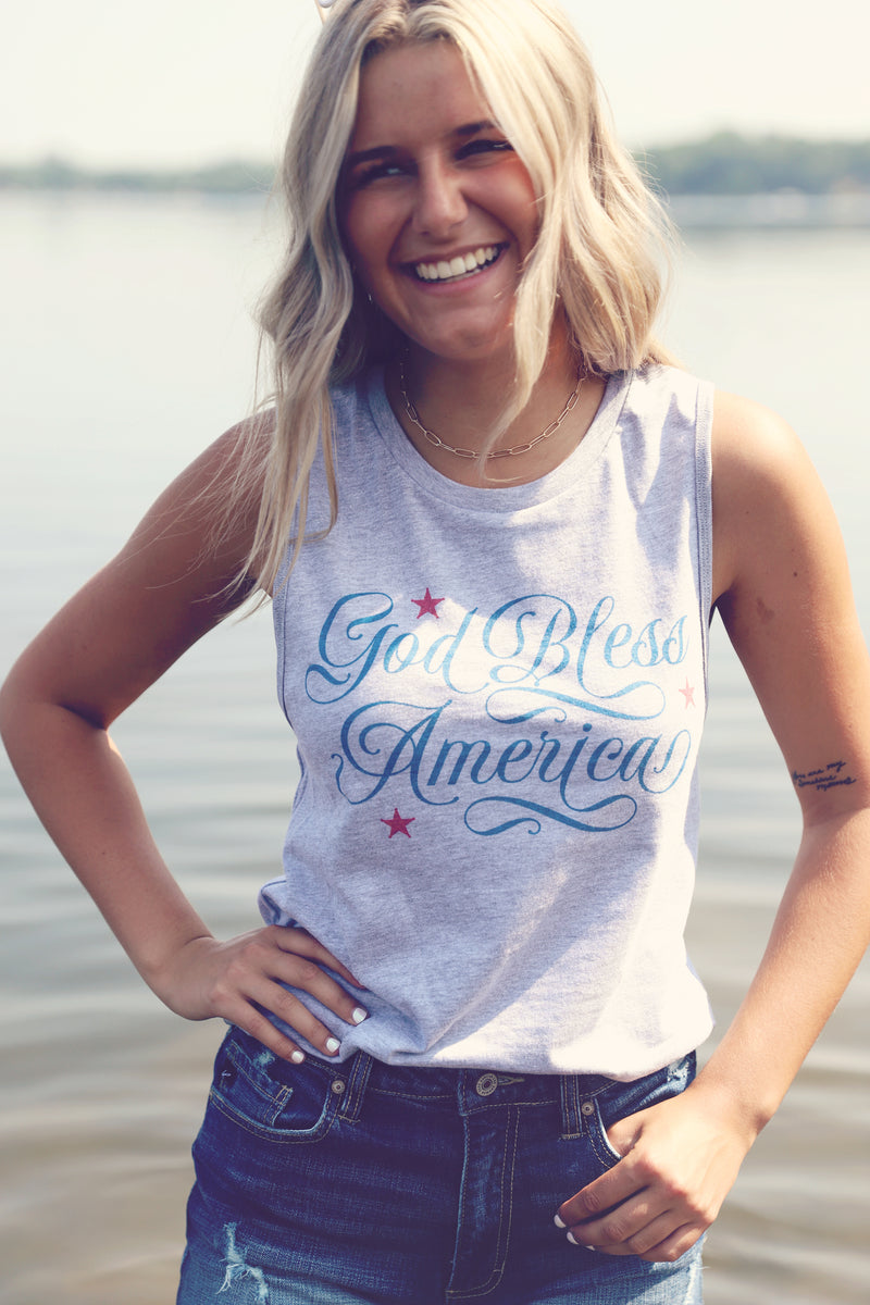 Grey God Bless America Muscle Tank