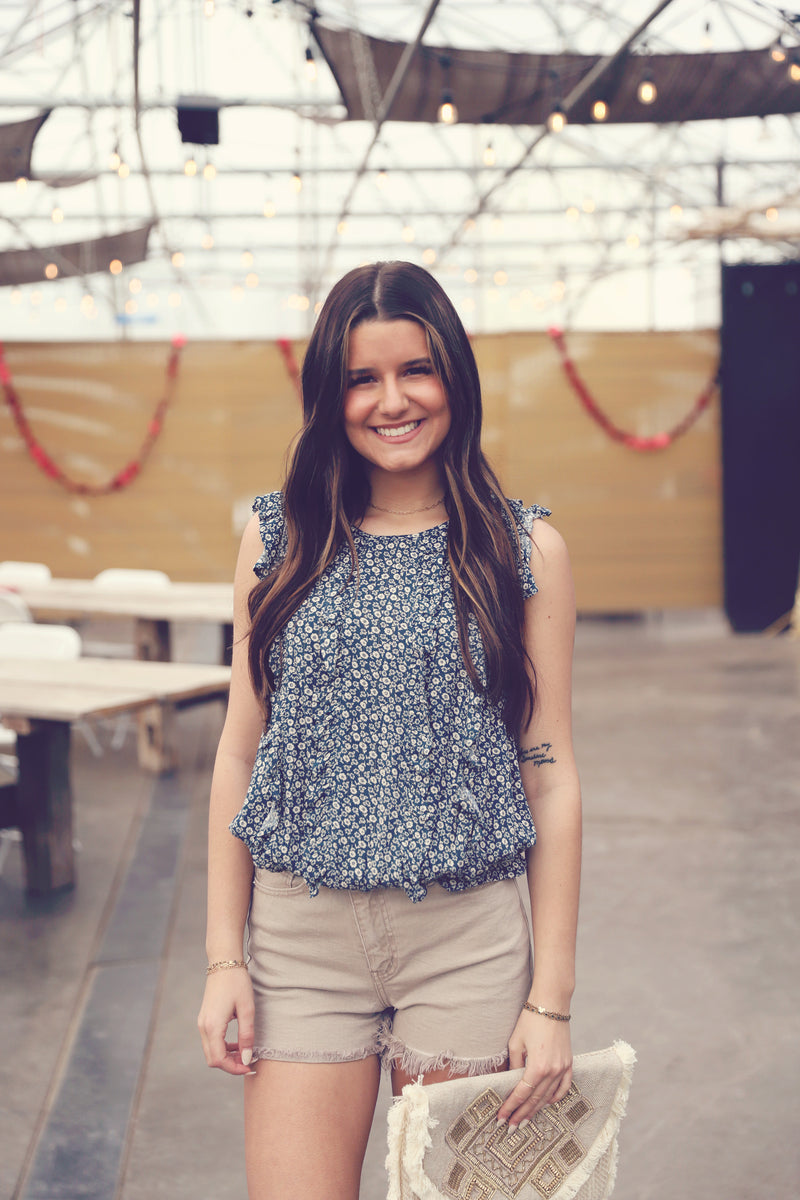 Blue Floral Print Frilled Blouse