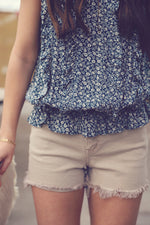 Blue Floral Print Frilled Blouse