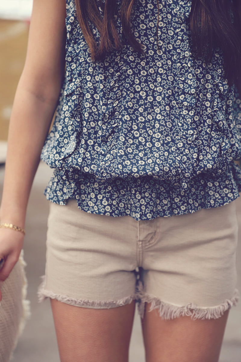 Blue Floral Print Frilled Blouse