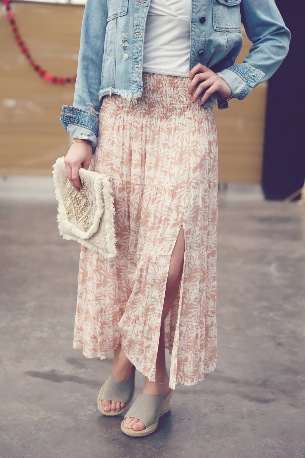Tropical Tiered Front Slit Midi Skirt