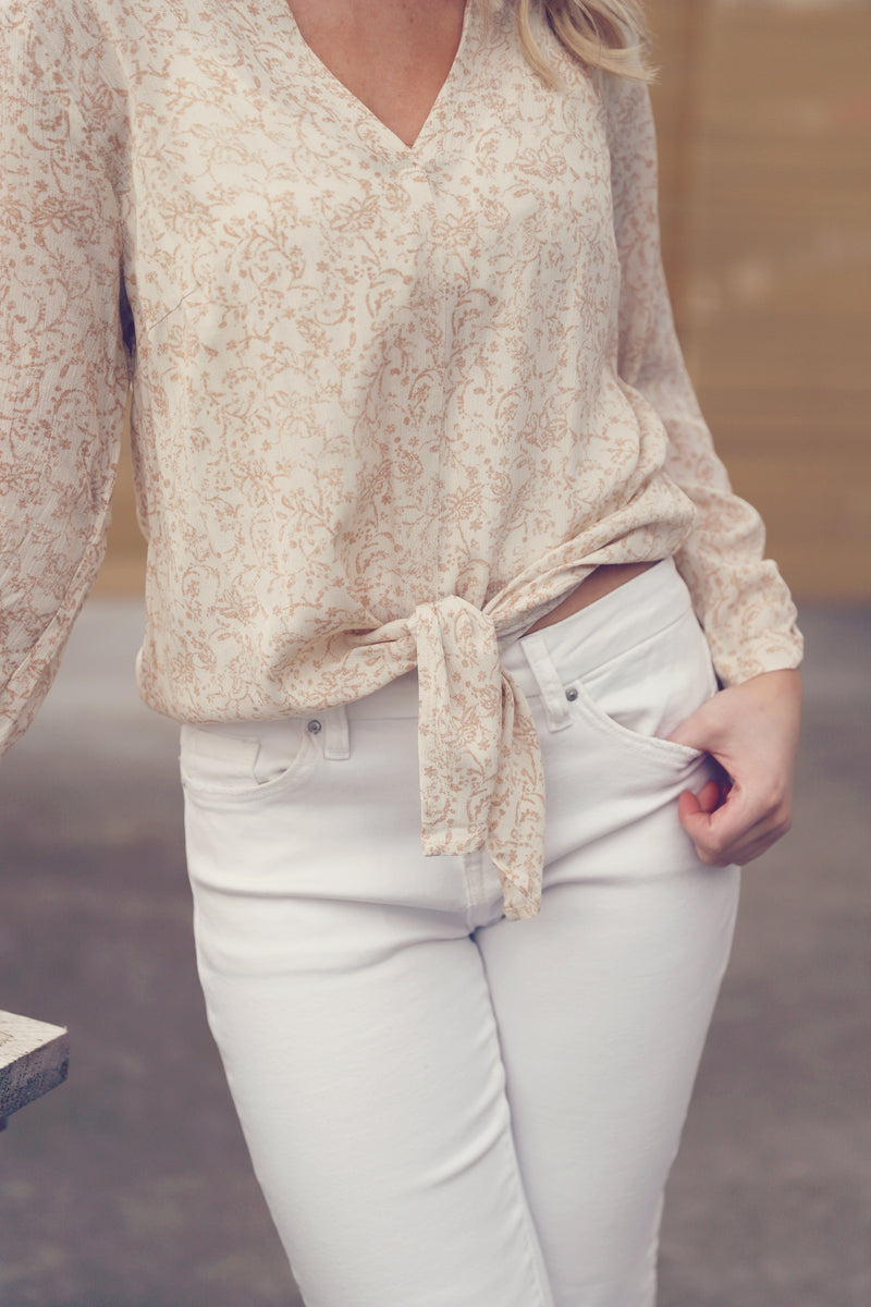 Beige V-Neck Tie Knot Shirt