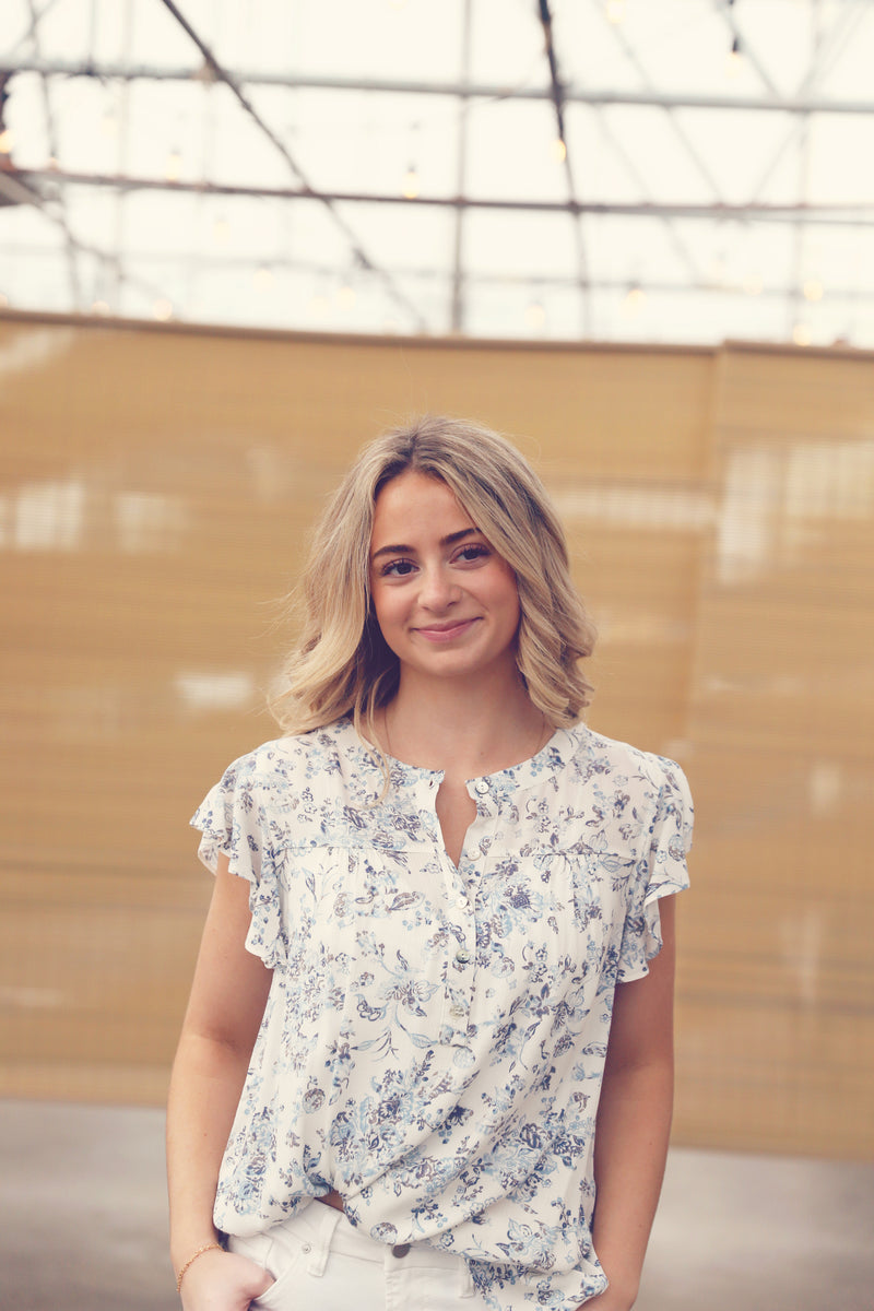 White Floral Flutter Sleeve Top