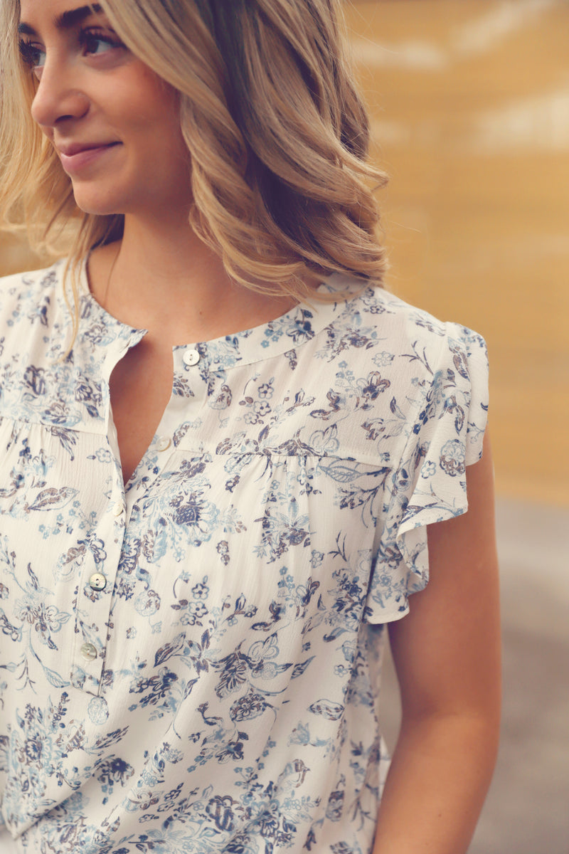 White Floral Flutter Sleeve Top