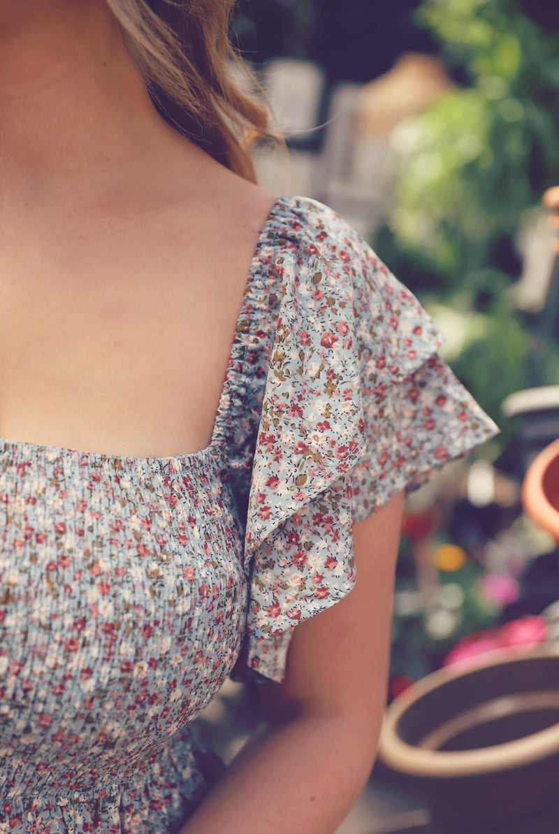 Light Blue Ditsy Floral Flutter Sleeve Dress