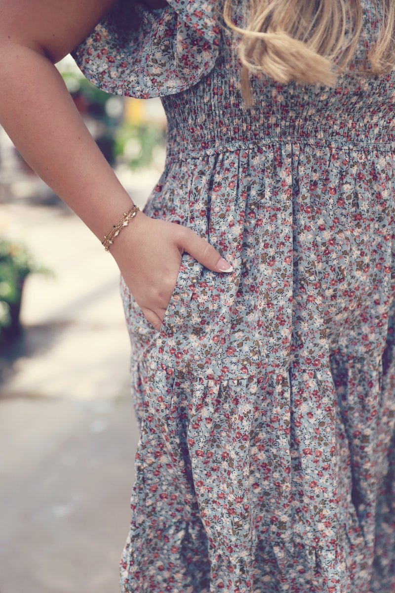 Light Blue Ditsy Floral Flutter Sleeve Dress