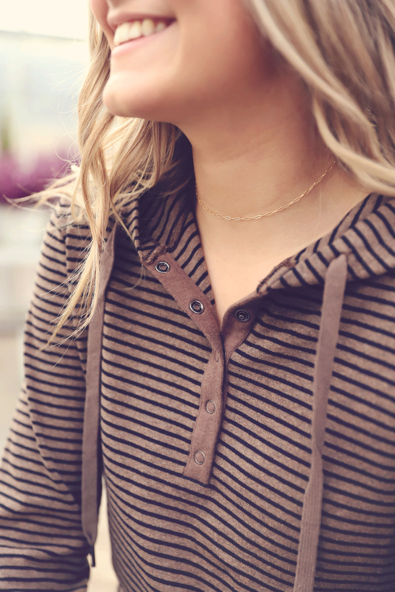 Coffee Striped Hooded Henley Top