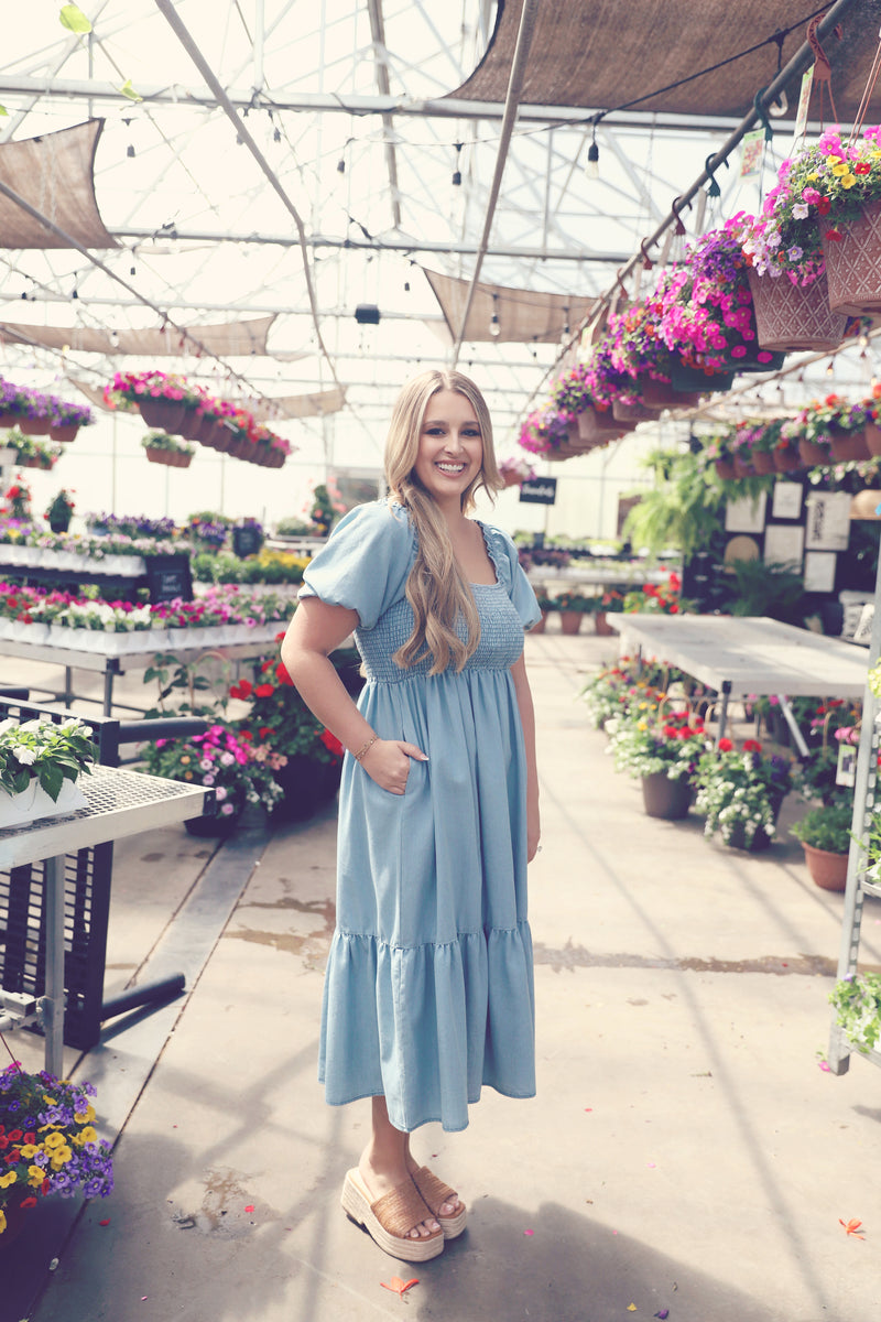 Light Chambray Denim Midi Dress
