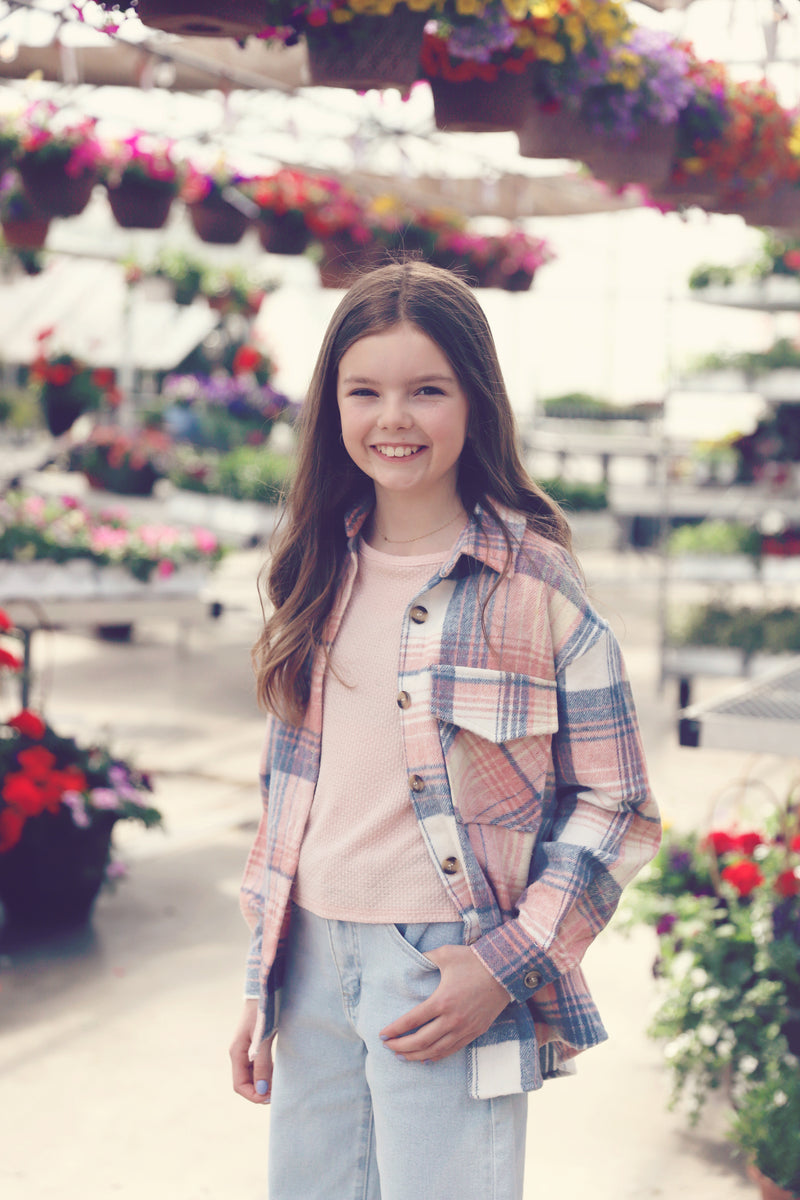 Girls Peach Plaid Shacket