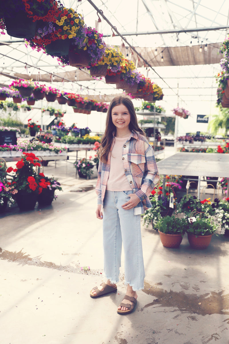 Girls Peach Plaid Shacket