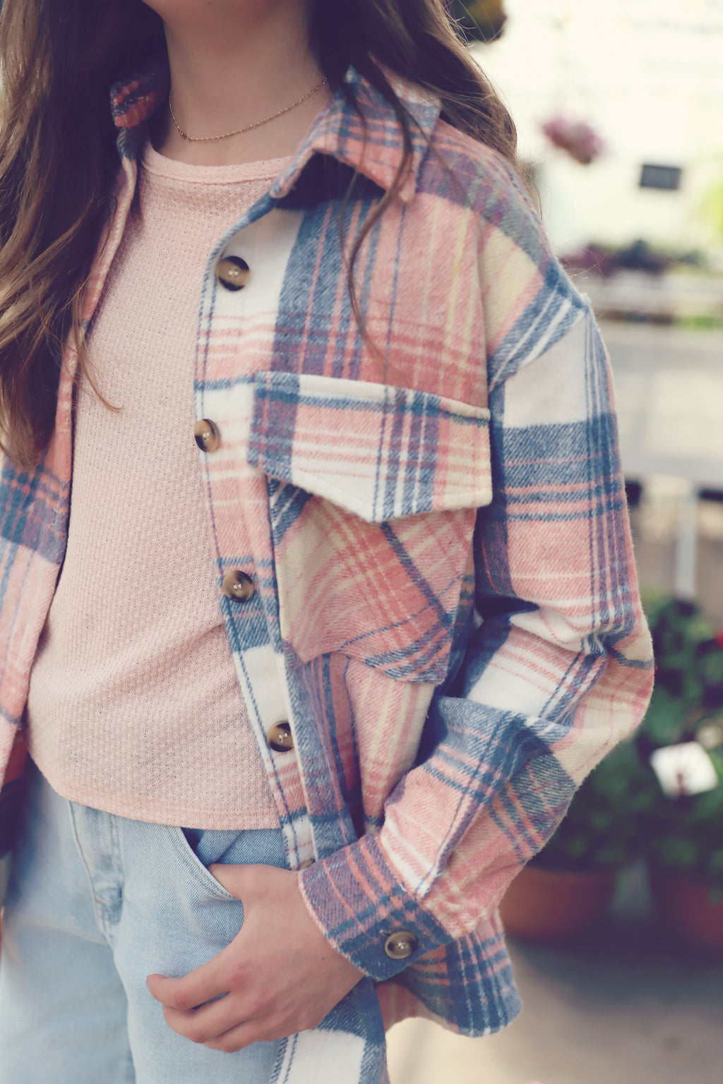 Girls Peach Plaid Shacket