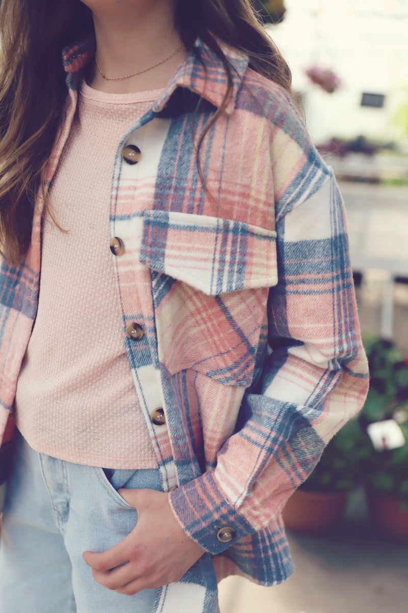 Girls Peach Plaid Shacket
