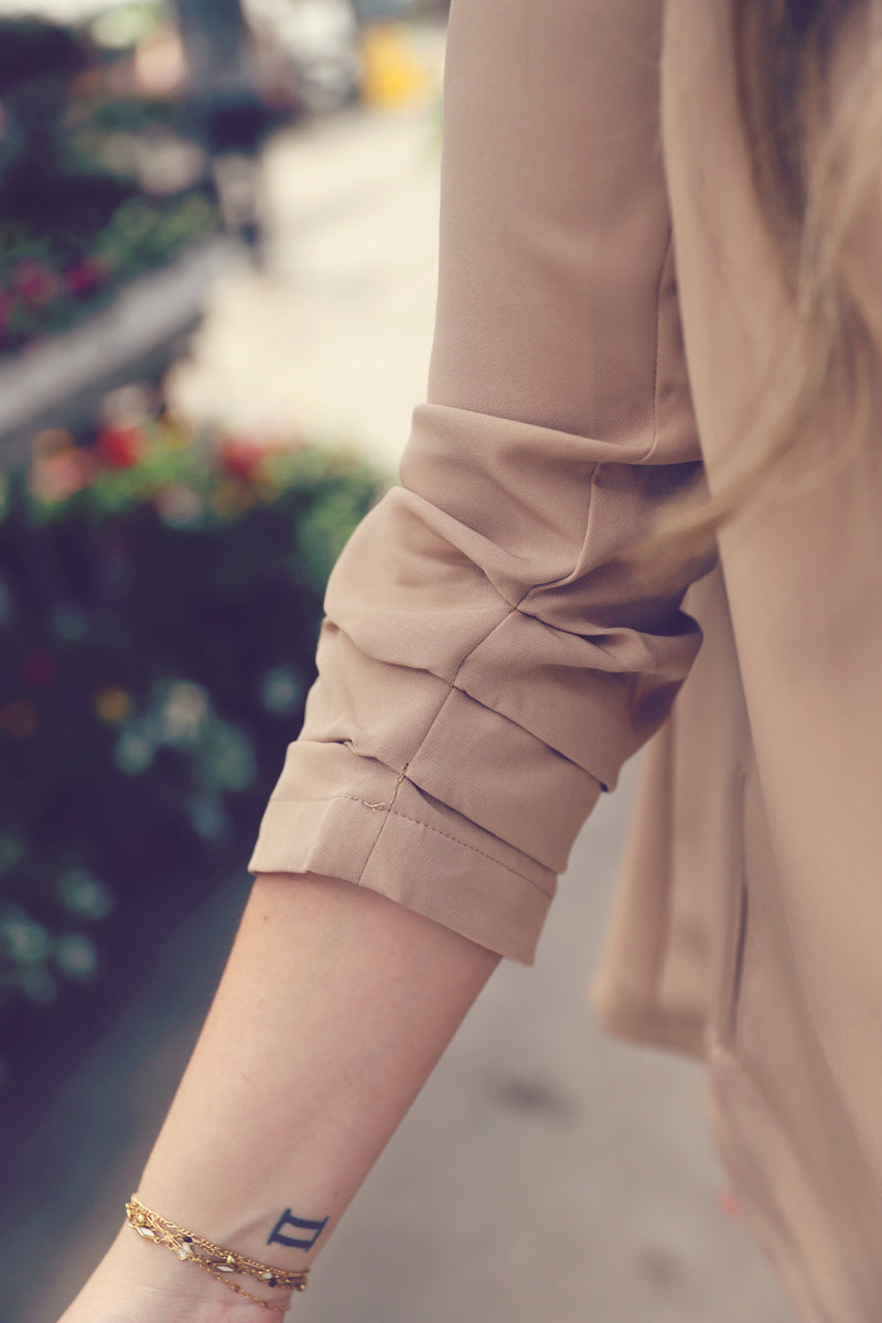 Khaki Ruched 3/4 Sleeve Blazer
