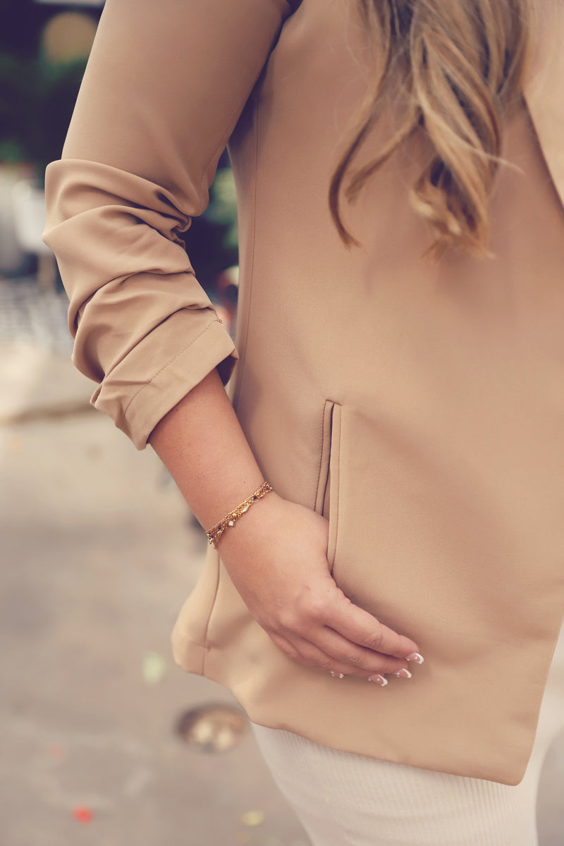 Khaki Ruched 3/4 Sleeve Blazer