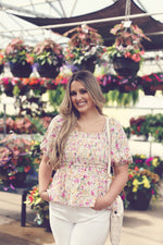 Floral Print Bubble Sleeve Peplum Top