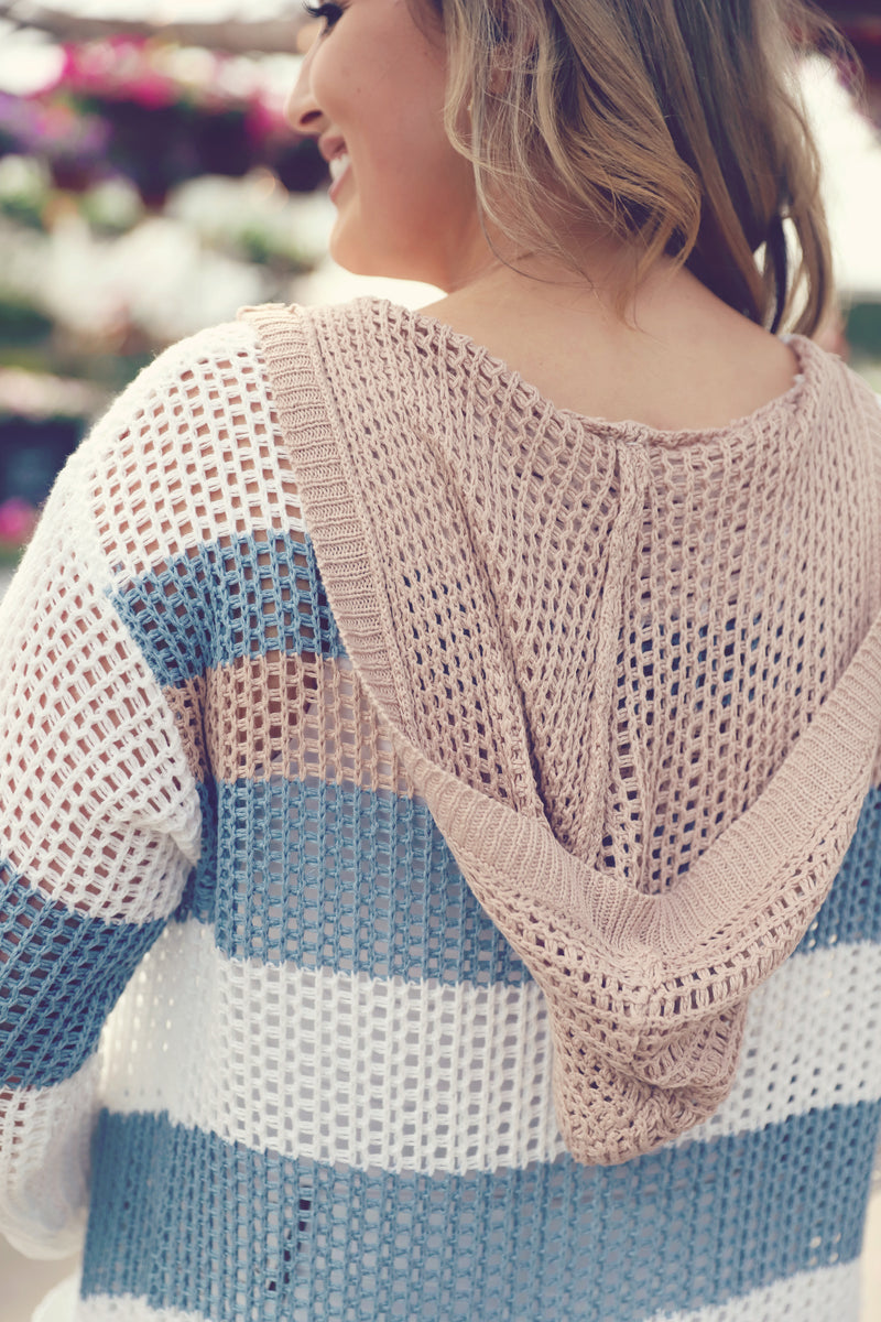 White Multi Stripe Hooded Cardigan