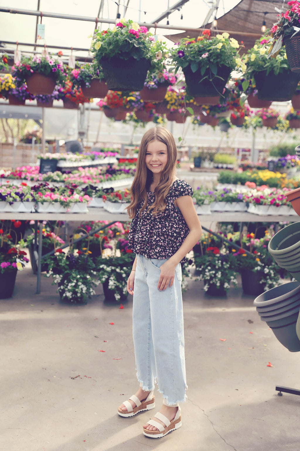 Girls Ruched Floral Ruffle Top