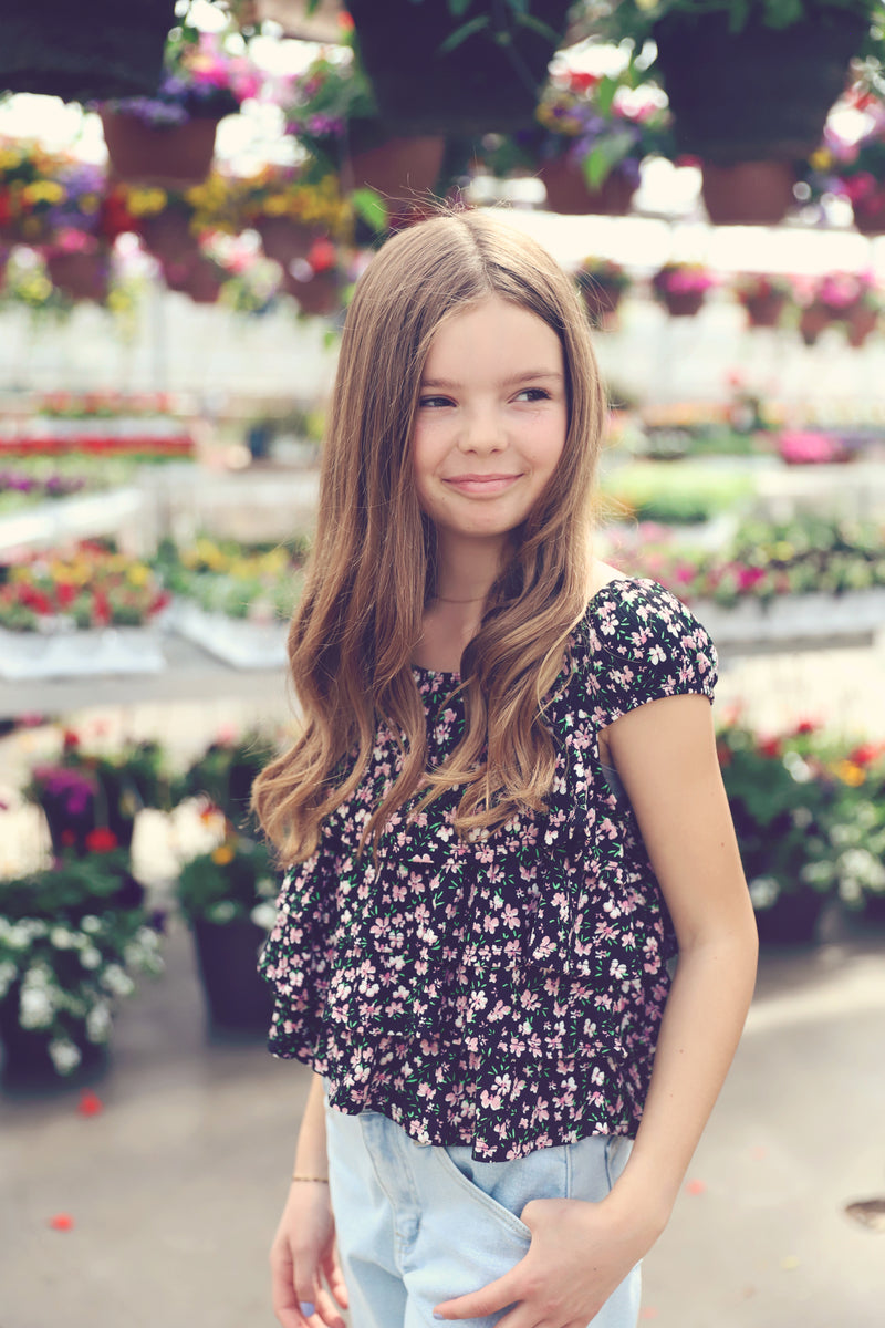 Girls Ruched Floral Ruffle Top