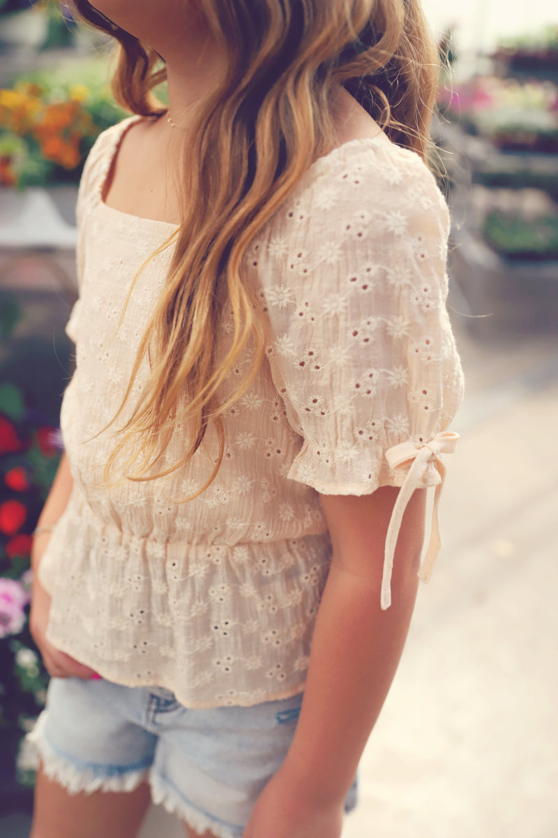 Girls Taupe Puff Sleeve Peplum Top