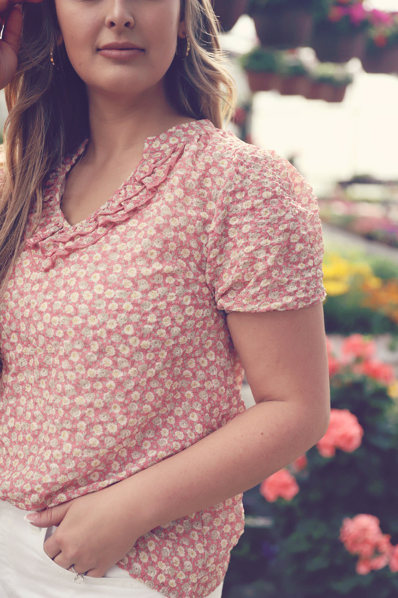 Coral Floral Print Puff Sleeve Blouse