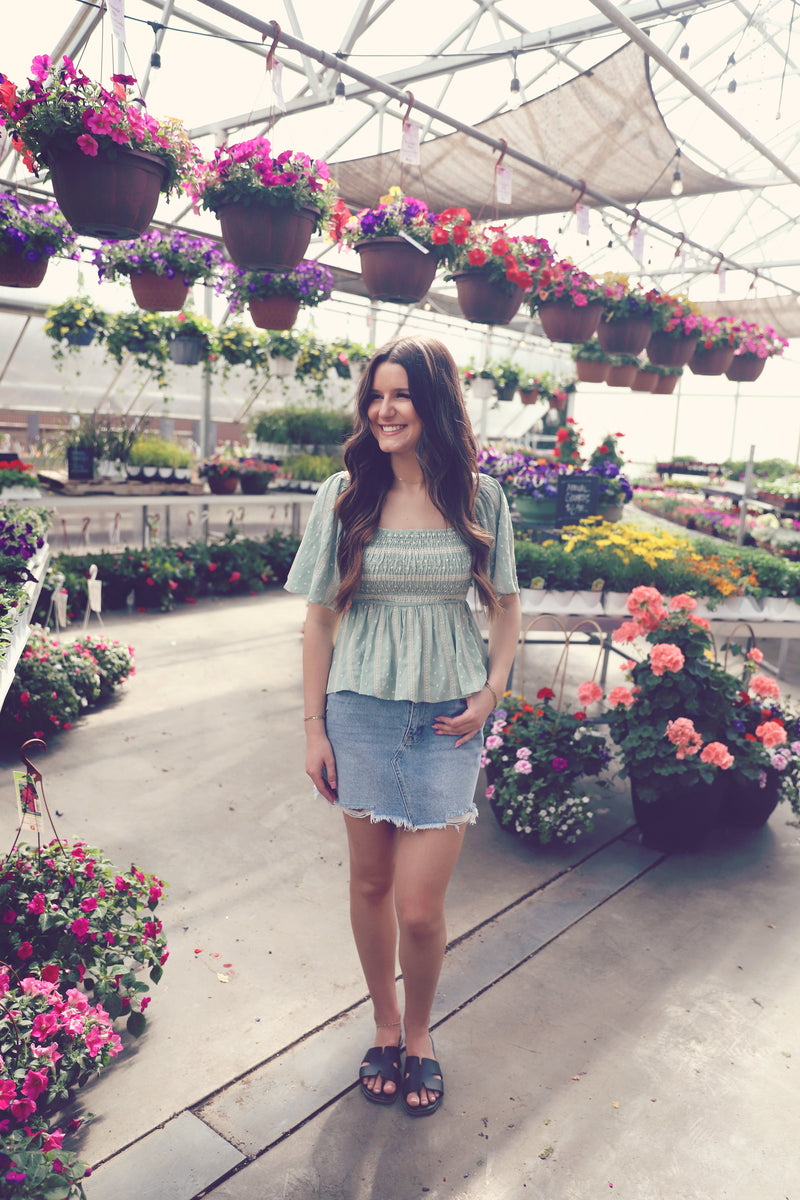 Mint Smocked Embroidered Linen Top