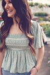 Mint Smocked Embroidered Linen Top