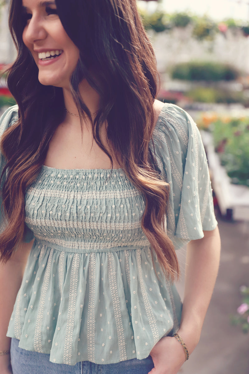 Mint Smocked Embroidered Linen Top