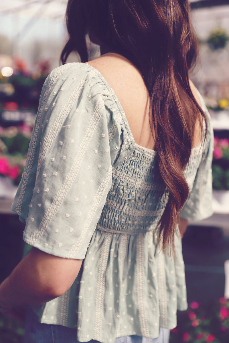 Mint Smocked Embroidered Linen Top
