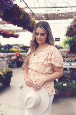 Ivory Floral V-Neck Flutter Sleeve Top
