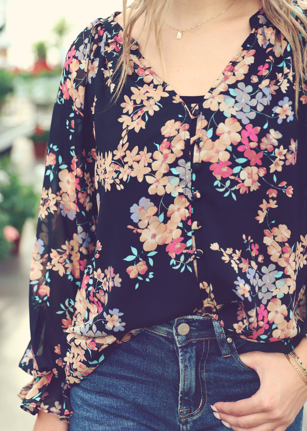 Black Floral Print Split Neck Blouse