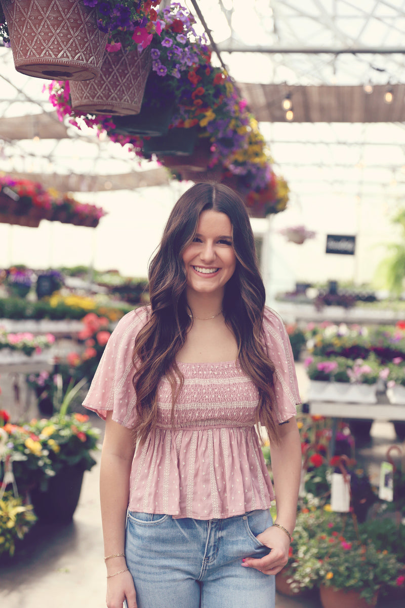 Mauve Smocked Embroidered Linen Top