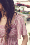 Mauve Smocked Embroidered Linen Top