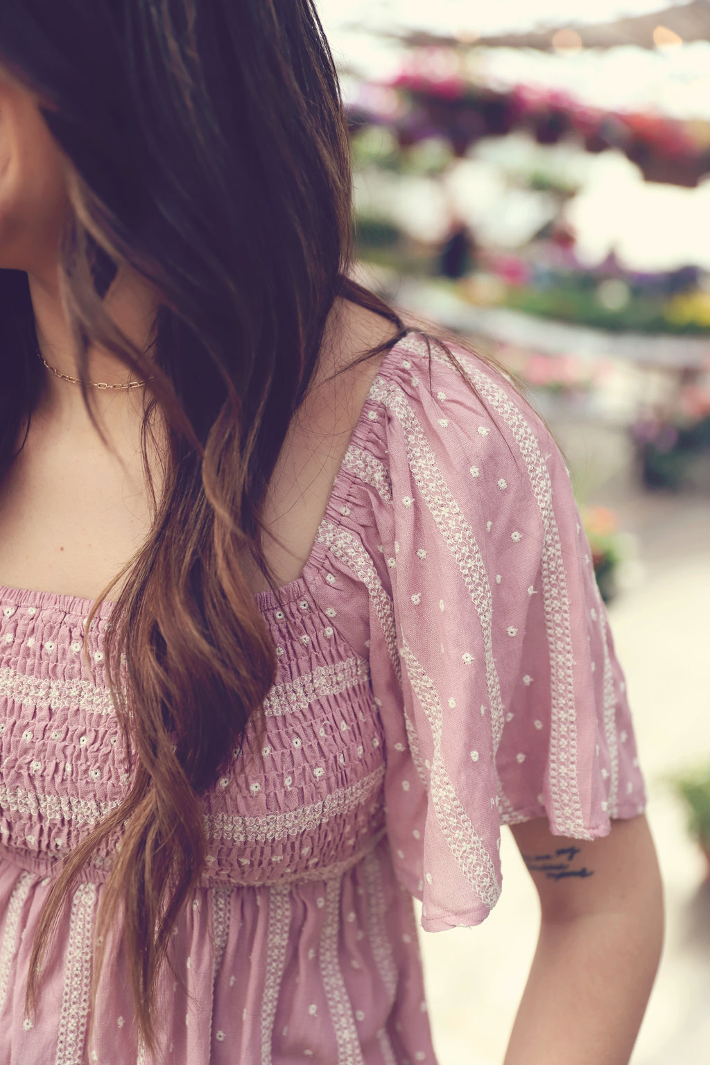 Mauve Smocked Embroidered Linen Top
