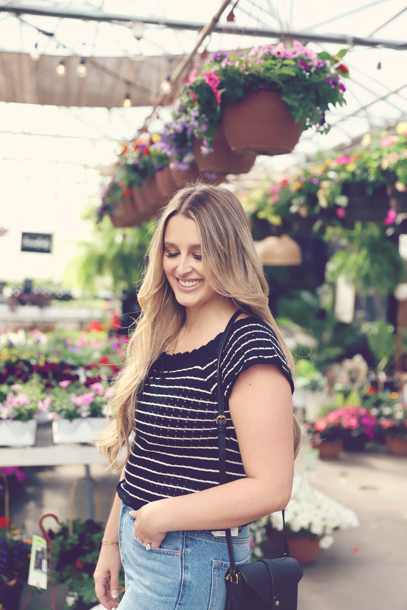 Black Striped Crochet Knit Top