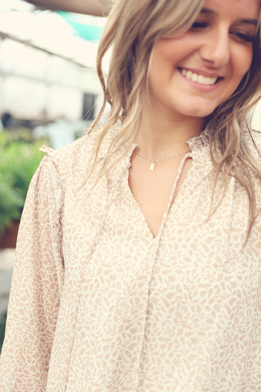 Cream Abstract Print Ruffle Blouse