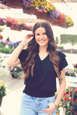 Black Smocked V-Neck Button Blouse