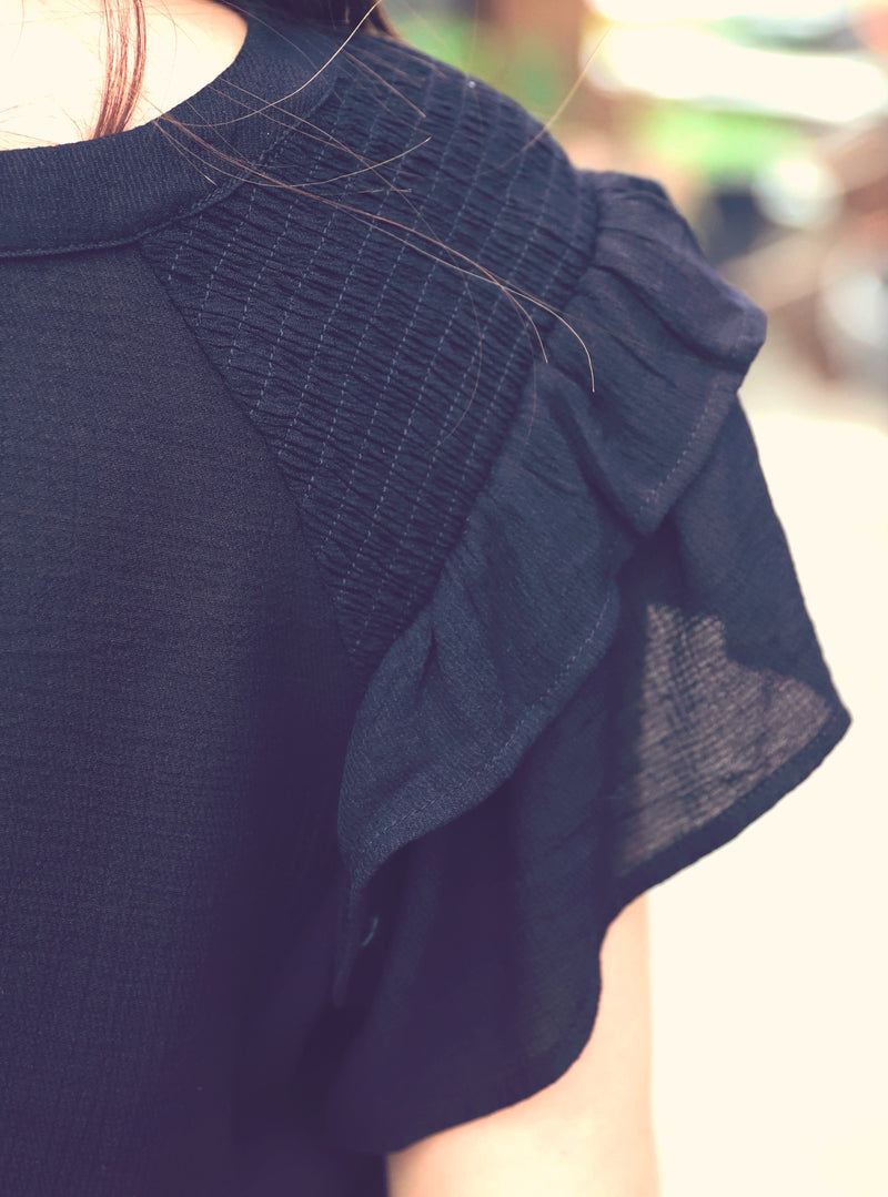 Black Smocked V-Neck Button Blouse