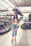 Natural Floral Mesh Thumbhole Top