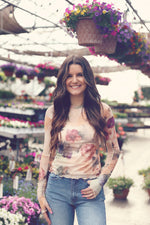 Natural Floral Mesh Thumbhole Top