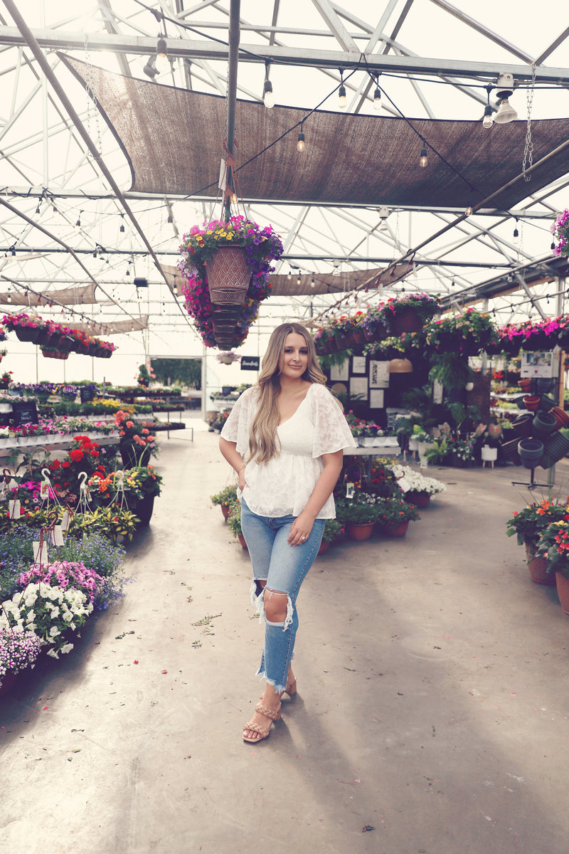 White V-Neck Flutter Sleeve Peplum Top