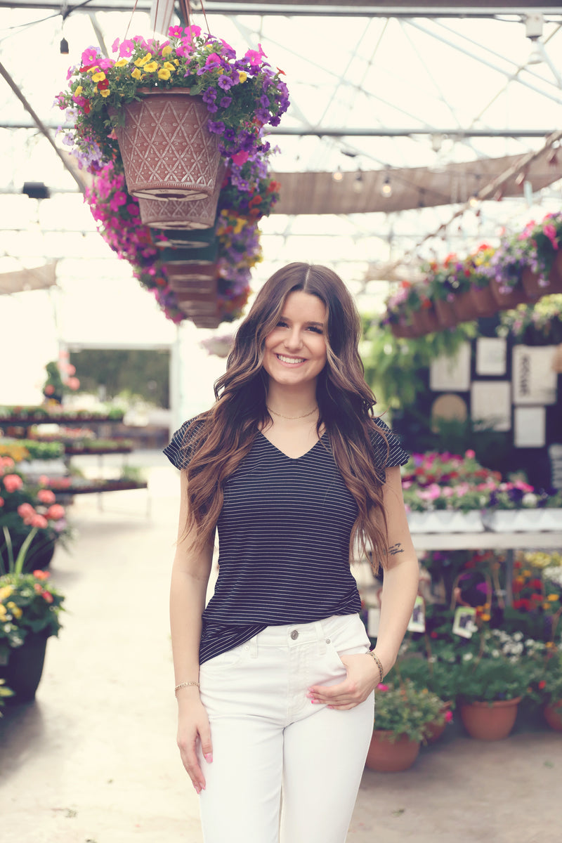 Black Striped V-Neck Butterfly Sleeve Top