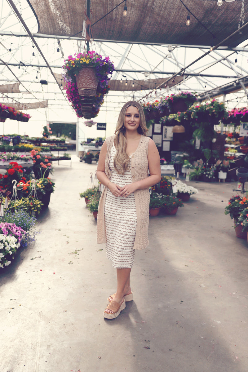 Natural Crochet Knit Striped Midi Dress