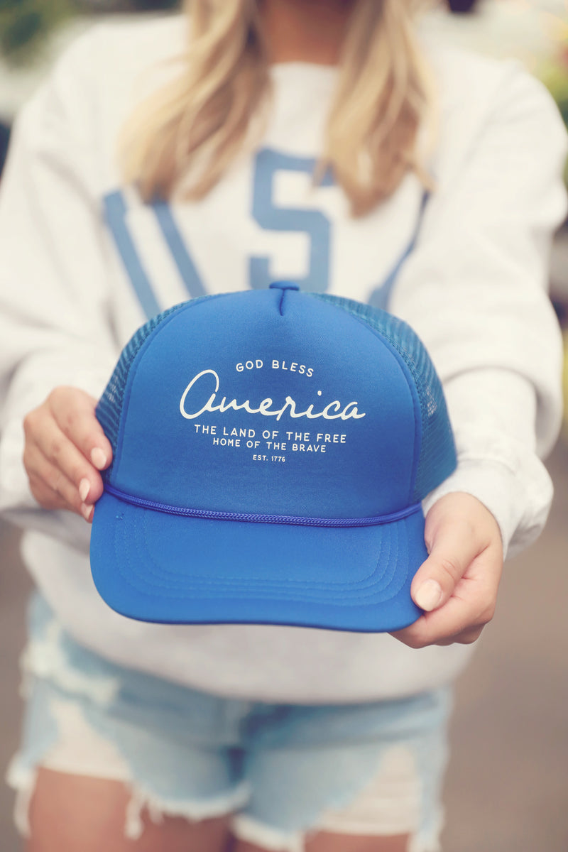 Royal Blue God Bless America Trucker Hat