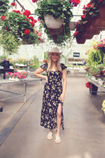 Black Floral V-Neck Ruffle Sleeve Dress