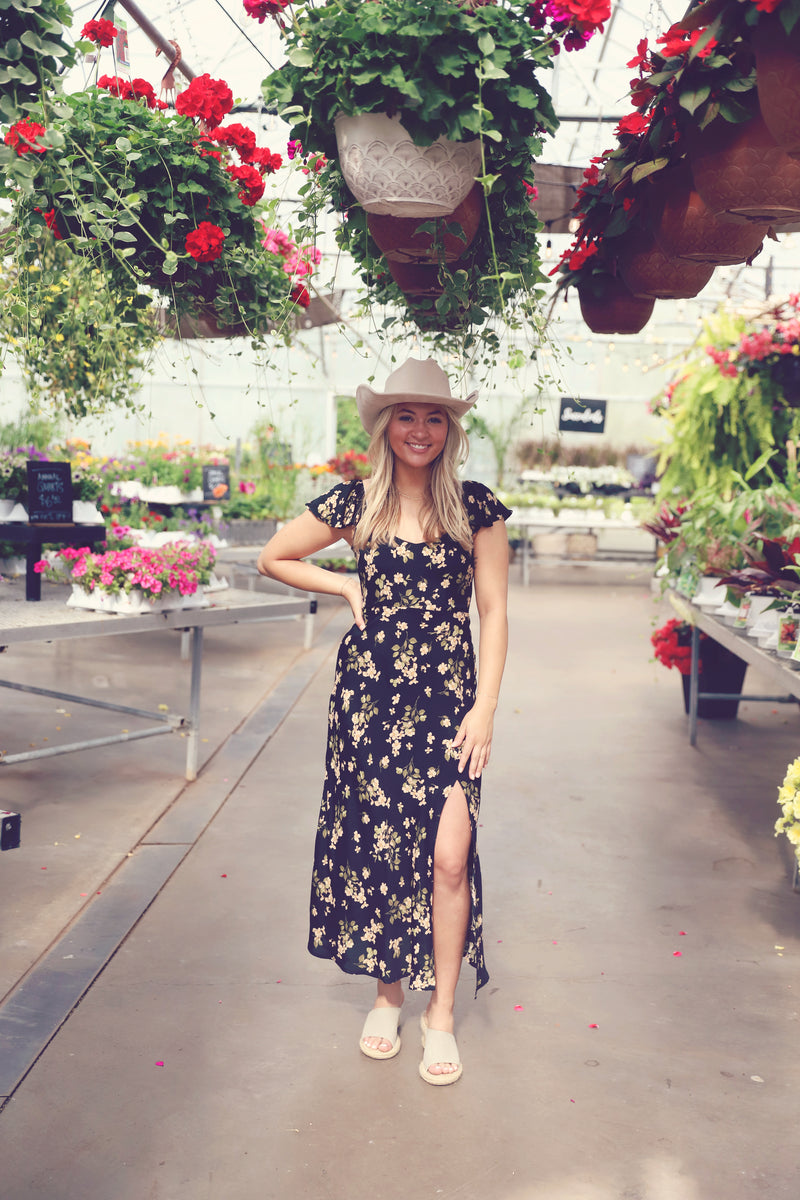 Black Floral V-Neck Ruffle Sleeve Dress