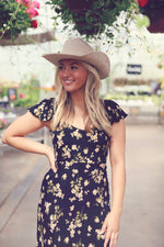Black Floral V-Neck Ruffle Sleeve Dress