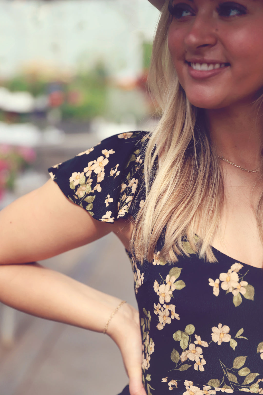 Black Floral V-Neck Ruffle Sleeve Dress