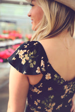 Black Floral V-Neck Ruffle Sleeve Dress